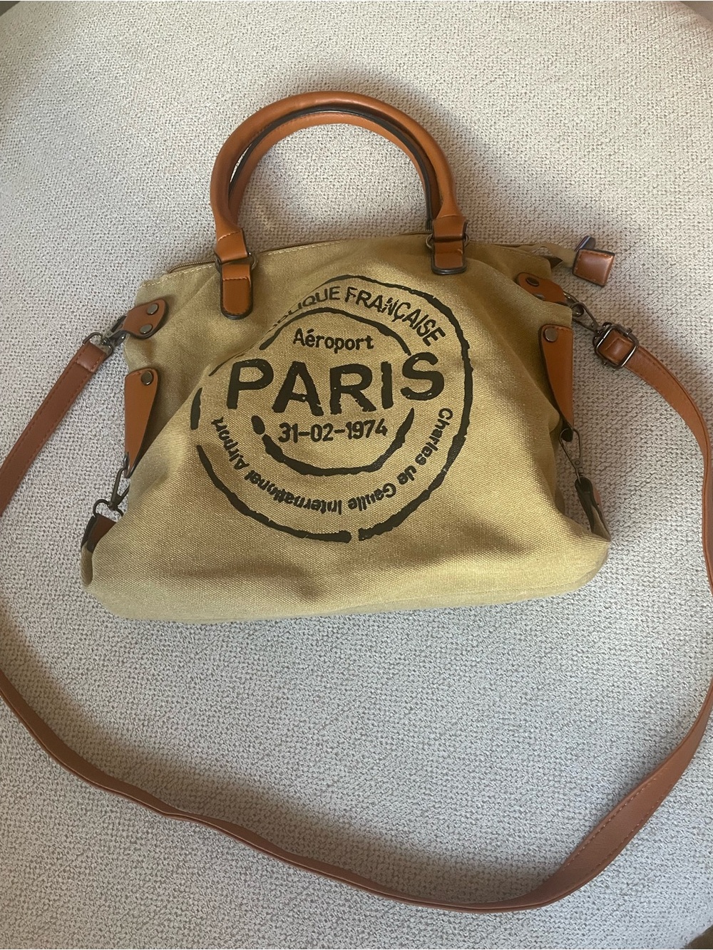 Paris Stamp Canvas Crossbody Bag with Tan Leather Trim